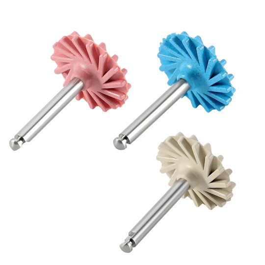 Dental Zirconia Polishing Wheel 3-Step Polishing System featuring pink, blue, and white fluted rubber wheels attached to metal shanks for contra angle handpiece. Set of three polishing wheels for smoothing, pre-polishing, and high-shine polishing of dental ceramics and zirconia.