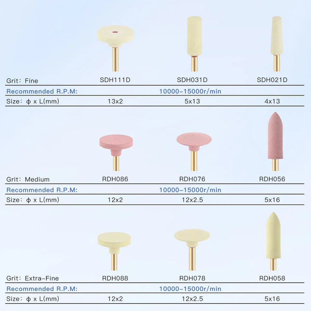 Dental Zirconia Grinding and Polishing Kit showcasing 9 different polishers in various shapes and sizes, including wheel, cylinder, and pointed designs. Chart details grit types, recommended RPM, and dimensions for fine, medium, and extra-fine options.