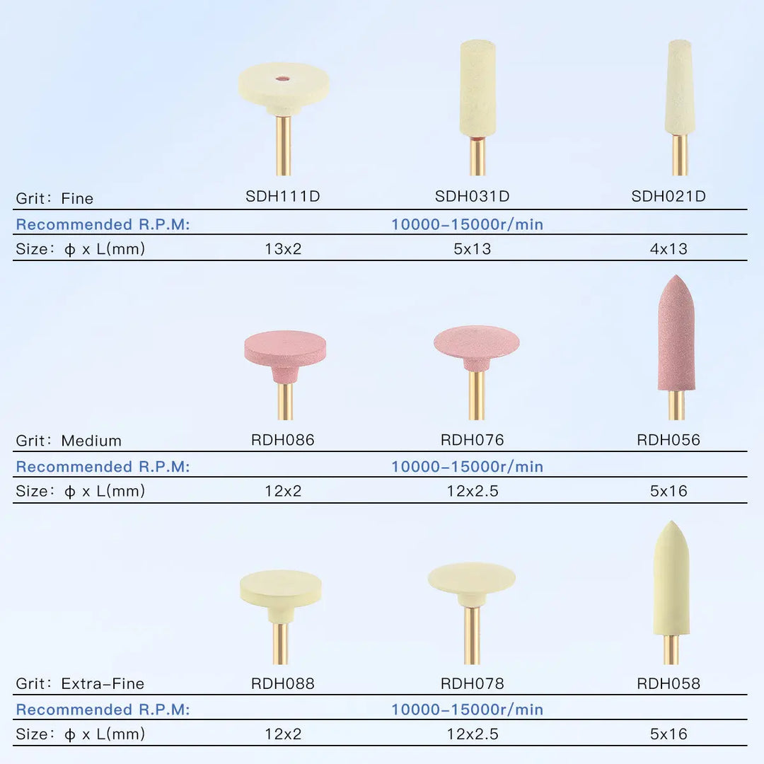 Dental Zirconia Grinding and Polishing Kit showcasing 9 different polishers in various shapes and sizes, including wheel, cylinder, and pointed designs. Chart details grit types, recommended RPM, and dimensions for fine, medium, and extra-fine options.