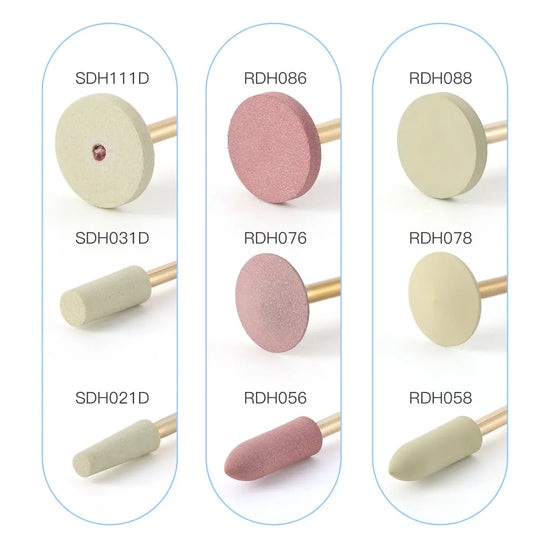 Dental Zirconia Grinding and Polishing Kit featuring 9 ceramic and rubber diamond polishers in various shapes and colors, including discs and cylinders, for efficient zirconia restoration. HP 2.35mm shank diameter, high diamond concentration for glazing-free results.