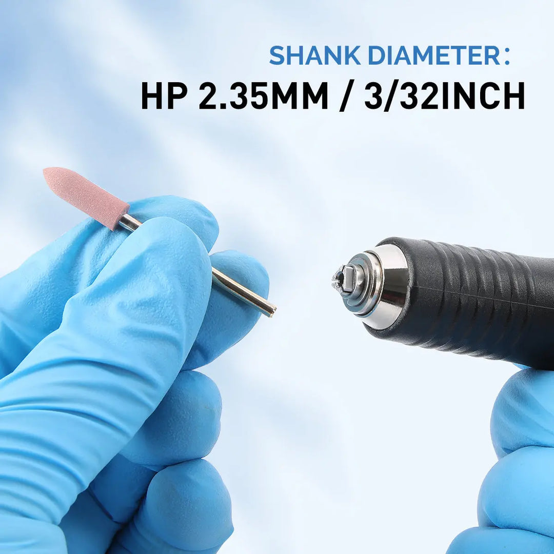 Dental Zirconia Grinding and Polishing Kit with HP 2.35mm shank diameter. Close-up of gloved hands holding polisher and dental handpiece, showcasing the precision tool for ceramic restoration. High-quality diamond polishers for efficient zirconia work.