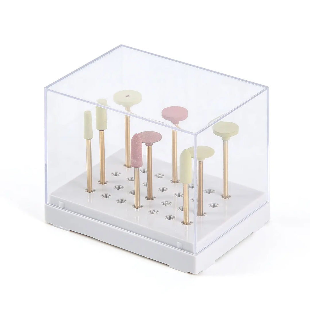 Dental Zirconia Grinding and Polishing Kit displayed in clear plastic case, featuring 9 pastel-colored ceramic and rubber diamond polishers with HP 2.35mm shanks, arranged in organized rows for efficient zirconia restoration and polishing