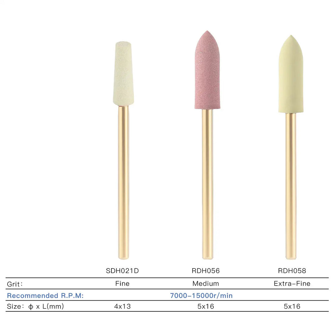 Dental Zirconia Grinding and Polishing Kit featuring three ceramic/rubber diamond polishers with gold-colored shanks. Includes fine, medium, and extra-fine tips in white, pink, and pale yellow. Product specifications shown below image.