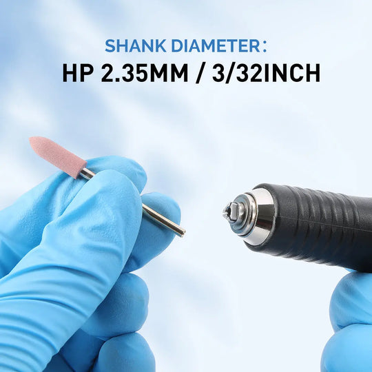 Dental Zirconia Grinding and Polishing Kit with HP 2.35mm shank diameter displayed. Gloved hands holding polisher tool and handpiece, showcasing product features for ceramic and rubber diamond polishers used in dental zirconia restoration.