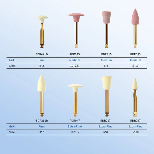 Dental Zirconia Grinding and Polishing Kit showing 8 different ceramic/rubber diamond polishers for contra angle handpiece. Various shapes and sizes displayed, including disc, cone, and cylinder forms in pink and white colors. Product details like grit and size listed below each polisher.