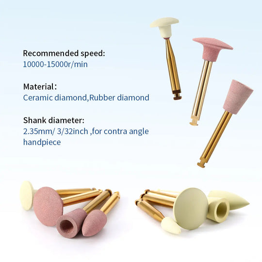 Dental Zirconia Grinding and Polishing Kit featuring ceramic and rubber diamond polishers for contra angle handpiece. Image shows various shapes and sizes of polishers with gold-colored shanks and pink or cream-colored tips. Product specifications displayed.