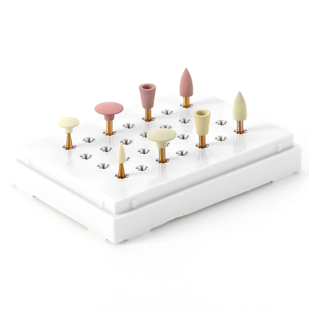 Dental Zirconia Grinding and Polishing Kit with various shaped polishers in pastel colors arranged on a white stand. Kit includes ceramic and rubber diamond polishers for contra angle handpiece, designed for efficient zirconia restoration without water cooling.