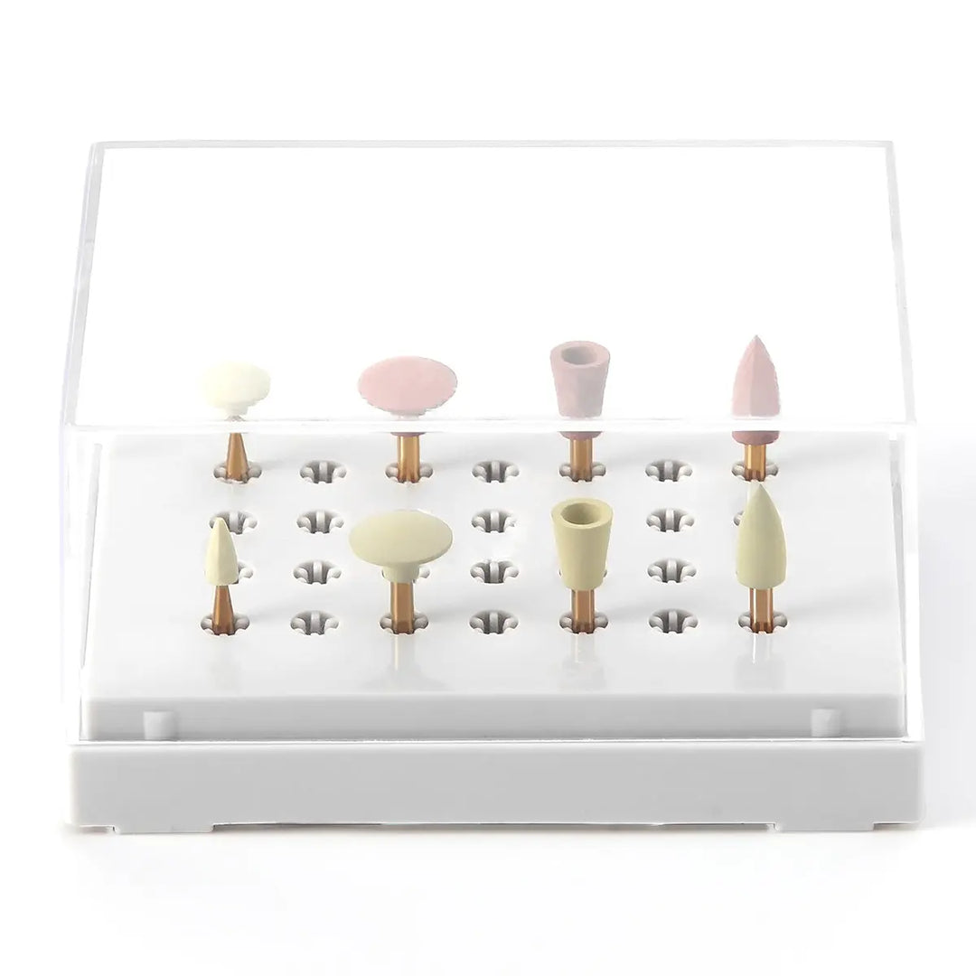 Dental Zirconia Grinding and Polishing Kit displaying various shaped ceramic and rubber diamond polishers in pastel colors, arranged in a white case with multiple slots for contra angle handpiece attachments, ideal for zirconia restoration