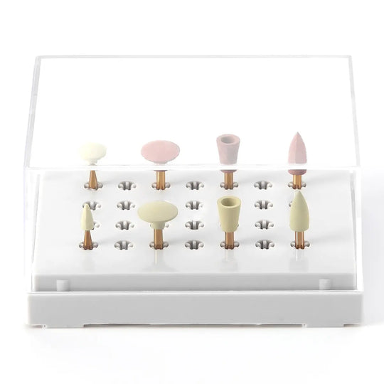 Dental Zirconia Grinding and Polishing Kit displaying various shaped ceramic and rubber diamond polishers in pastel colors, arranged in a white case with multiple slots for contra angle handpiece attachments, ideal for zirconia restoration