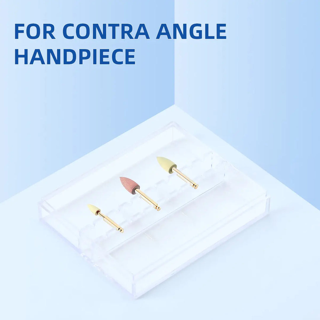 Dental Zirconia Grinding and Polishing Kit showcasing three ceramic/rubber diamond polishers for contra angle handpiece, displayed on a white surface. Blue text "FOR CONTRA ANGLE HANDPIECE" visible above.