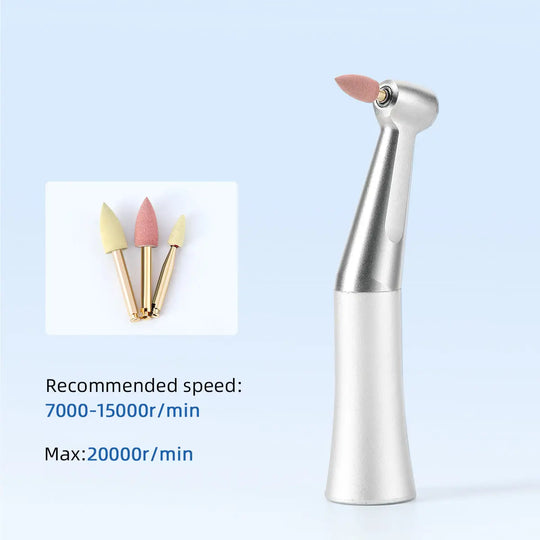 Dental Zirconia Grinding and Polishing Kit featuring contra angle handpiece and ceramic/rubber diamond polishers. Image shows silver dental tool and three polishing tips in yellow and pink. Recommended speed 7000-15000r/min, max 20000r/min.