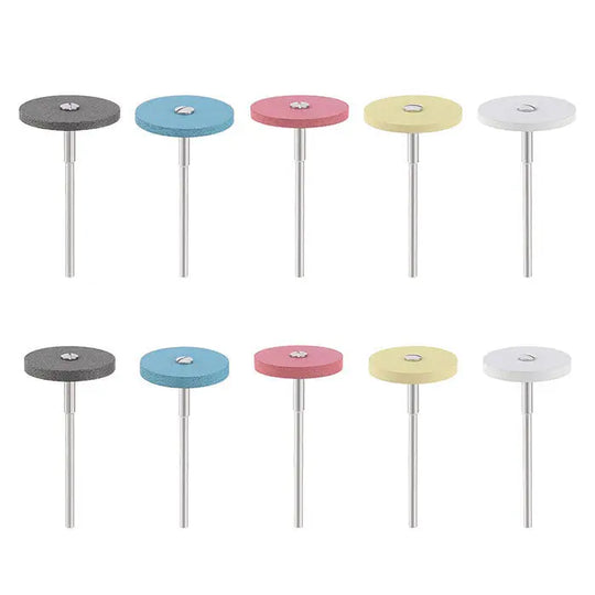 Dental Rubber Diamond Polisher Wheels in various grits and colors for smoothing and polishing dental materials. Set of 10 wheels with metal shanks, including super coarse, coarse, medium, extra fine, and ultra fine options for efficient dental laboratory work.