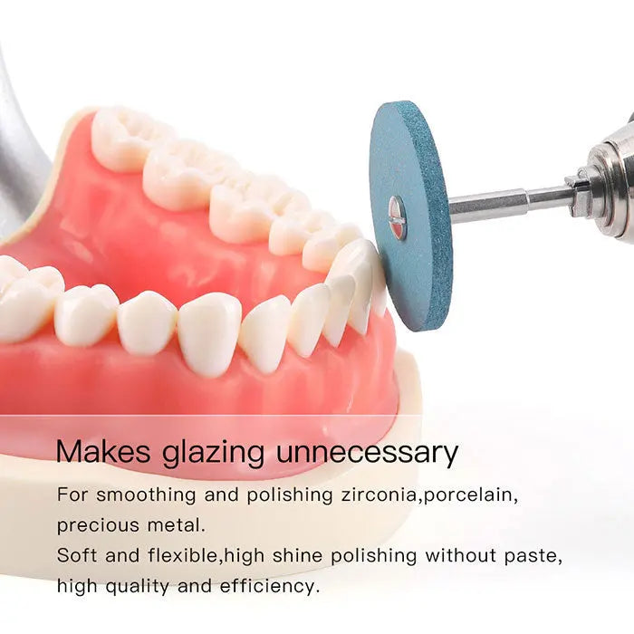 Dental Rubber Diamond Polisher Wheel used on model teeth, demonstrating efficient polishing without glazing for zirconia, porcelain, and precious metal. Blue polishing wheel attached to dental handpiece, showcasing high-quality and flexible polishing capabilities.