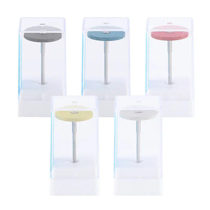 Dental Rubber Diamond Polisher Wheel set in various grits and colors for smoothing and polishing dental materials. Five clear boxes displaying different colored polishing wheels on metal shanks, ranging from super coarse to ultra fine.