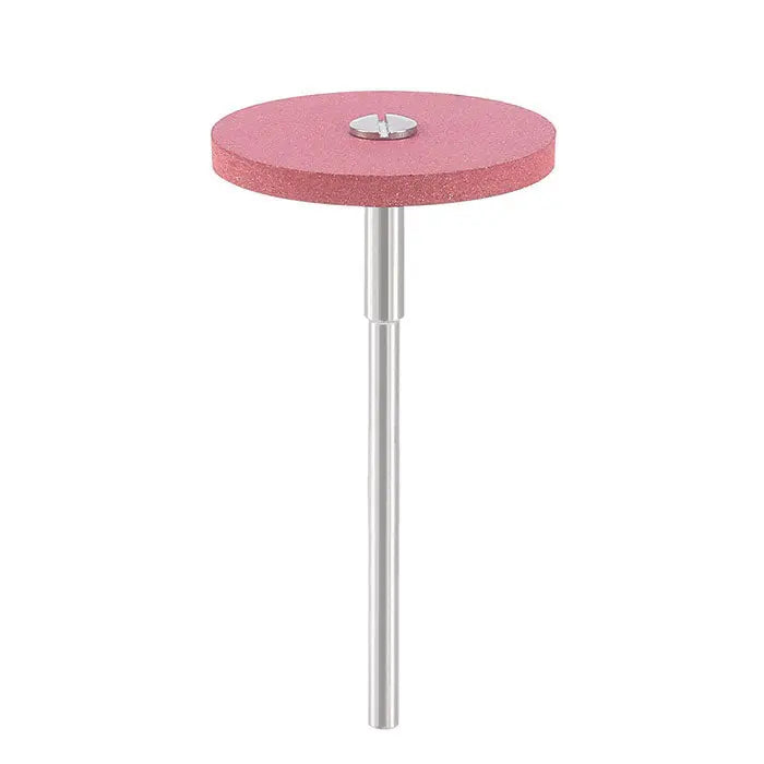 Dental Rubber Diamond Polisher Wheel in pink color with metal shank, part of the Super Coarse/Coarse/Medium/Extra Fine/Ultra Fine set for smoothing and polishing dental materials like zirconia and porcelain