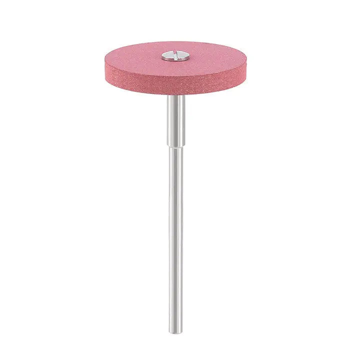 Dental Rubber Diamond Polisher Wheel in pink color with metal shank, for smoothing and polishing dental materials. High-quality laboratory tool for zirconia, porcelain, and precious metal. Autoclavable and efficient.