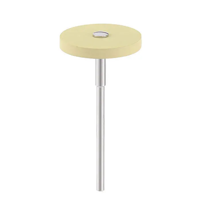 Dental Rubber Diamond Polisher Wheel in pale yellow color with metal shank, used for smoothing and polishing dental materials like zirconia and porcelain. High-quality laboratory tool for efficient dental work.