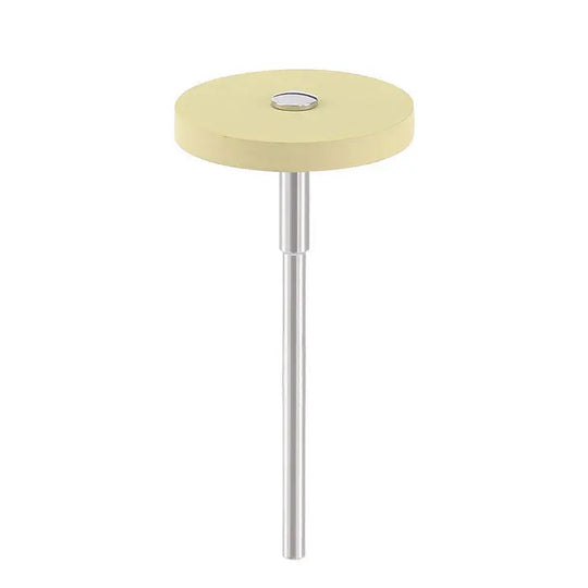 Dental Rubber Diamond Polisher Wheel in pale yellow color with metal shank, used for smoothing and polishing dental materials like zirconia and porcelain. High-quality laboratory tool for efficient dental work.