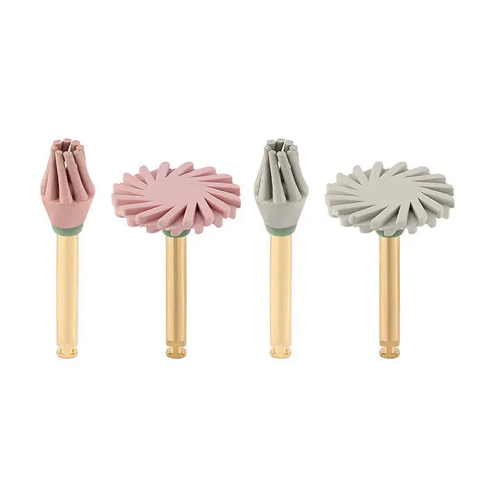 Dental Composite Polishing Wheel CA 2.35mm Medium Fine 4pcs/Box: Set of four polishing wheels with pink medium and grey fine options, featuring flower-shaped silicone heads on gold-colored metal shafts for efficient composite material finishing and high-gloss polishing in dental procedures