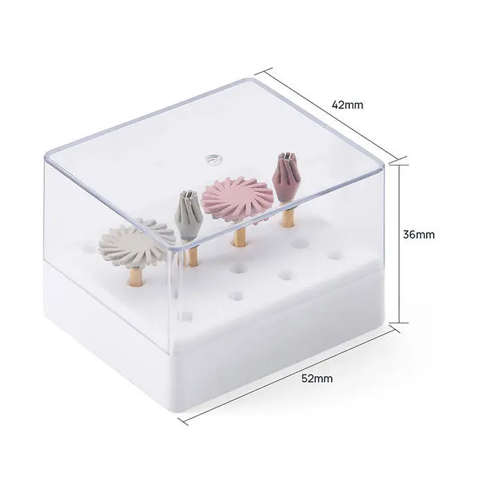 Dental Composite Polishing Wheel CA 2.35mm Medium Fine 4pcs/Box displayed in clear plastic box. Pink, grey, and white polishing wheels visible, showing different fineness levels for dental composite polishing. Box dimensions labeled, highlighting compact storage for dental tools.