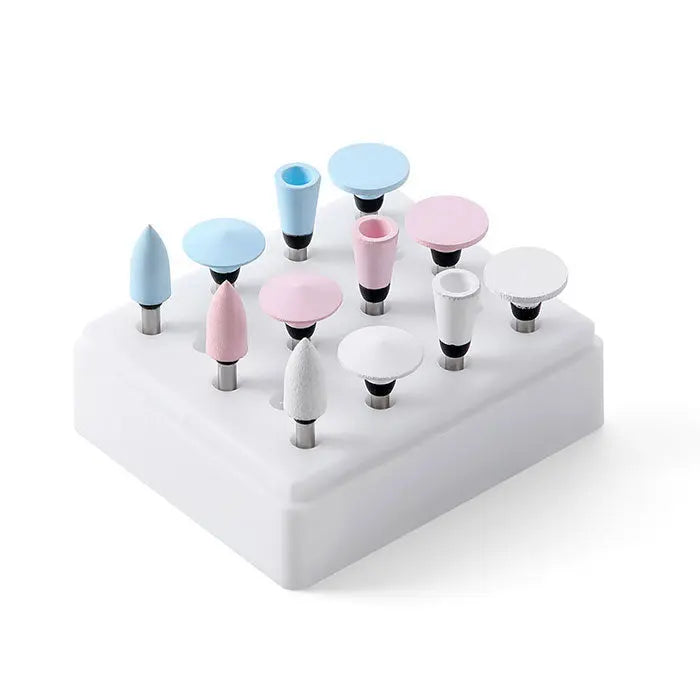 Dental Silicone Polishing RA 2.35mm set for Contra Angle Handpiece, featuring 12 pieces in coarse (white), medium (pink), and fine (blue) grits, arranged in a white holder. Used for composite restoration polishing and enamel finishing after dental procedures.