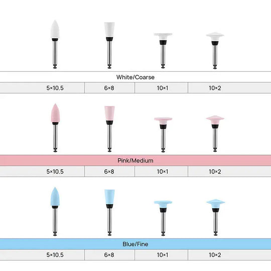 Dental Silicone Polishing RA 2.35mm set for Contra Angle Handpiece, showing coarse (white), medium (pink), and fine (blue) polishers in various shapes and sizes, with dimensions labeled for each type, 12pcs/Box