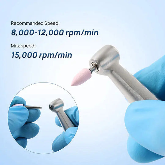 Dental Silicone Polishing RA 2.35mm for Contra Angle Handpiece: Image showing silver handpiece with pink polishing tip, recommended speed 8,000-12,000 rpm/min, max speed 15,000 rpm/min. Inset closeup of blue-gloved hands using the tool on a dental surface.