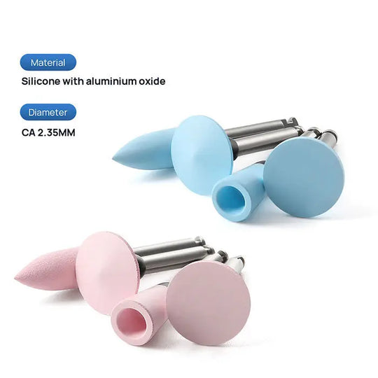 Dental Silicone Polishing RA 2.35mm Coarse Medium Fine For Contra Angle Handpiece 12pcs/Box: Blue and pink silicone polishing tools with different shapes and sizes, featuring metal shafts for dental procedures. Material: silicone with aluminium oxide, Diameter: CA 2.35MM.