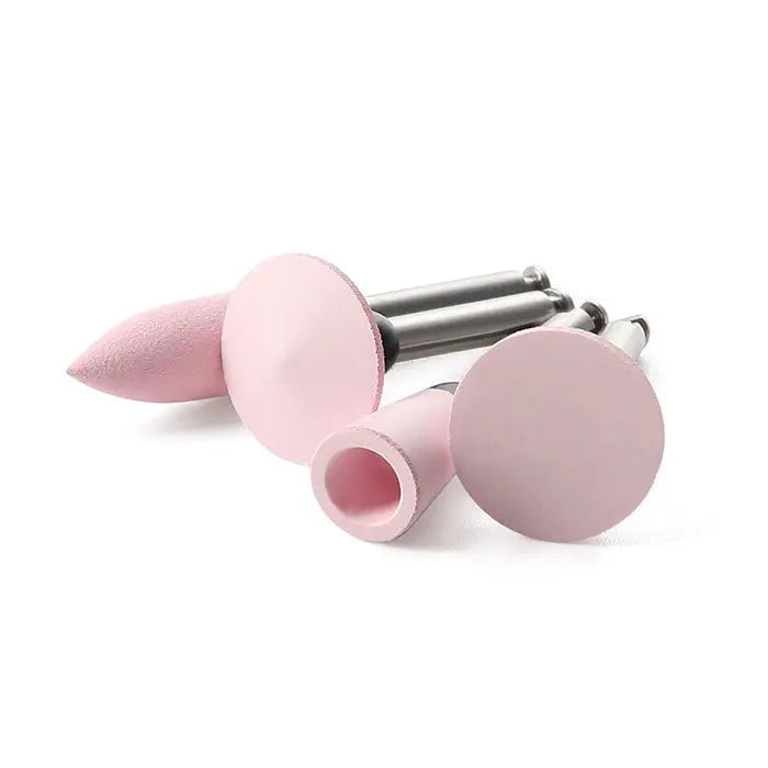 Dental Silicone Polishing RA 2.35mm tools in pink, featuring various shapes for contra angle handpieces. Includes round, pointed, and cylindrical polishers with metal shafts for composite restorations and enamel polishing.