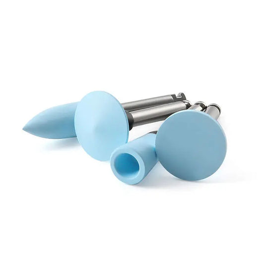 Dental Silicone Polishing RA 2.35mm tools in light blue color with stainless steel shanks for contra angle handpiece. Various shapes and sizes for different polishing needs in dental procedures.