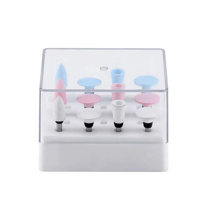 Dental Silicone Polishing RA 2.35mm set in clear plastic case, showing coarse white, medium pink, and fine blue polishers for contra angle handpiece, used for composite restorations and enamel polishing after dental procedures