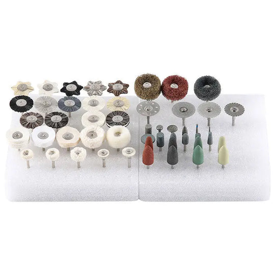 Dental Lab Polishing Kit for Composite Ceramic HP Shank 51pcs/Box featuring various polishing wheels, discs, and burs in different sizes and materials, arranged on a white background for dental laboratory use with 2.35mm shank diameter and recommended speed of 15,000-20,000rpm/min