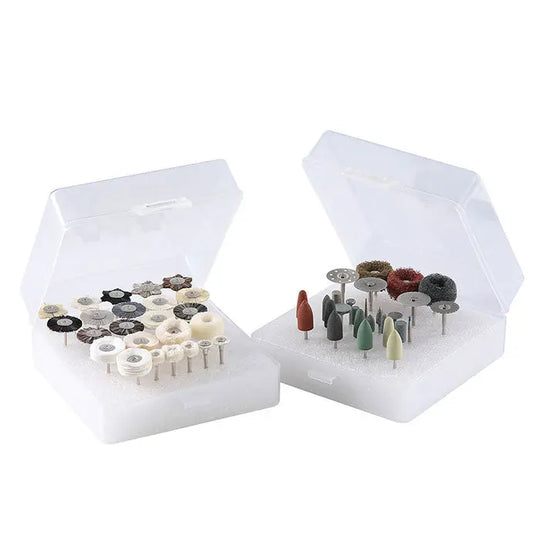 Dental Lab Polishing Kit for Composite Ceramic HP Shank 51pcs/Box displayed in two open plastic cases containing various polishing tools and attachments for dental laboratory use, showing assorted shapes, sizes, and colors of polishing heads and burs.