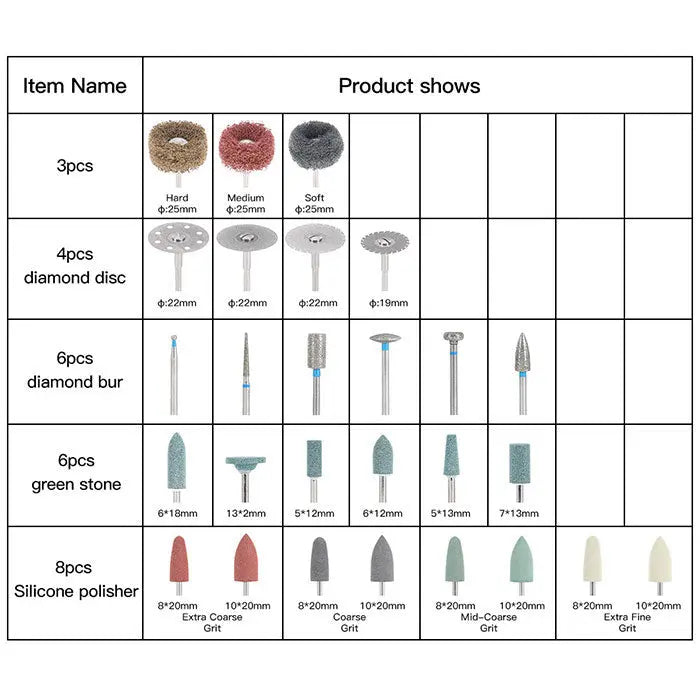 Dental Lab Polishing Kit for Composite Ceramic HP Shank 51pcs/Box: Image showing product contents including brushes, diamond discs, diamond burs, green stones, and silicone polishers in various sizes and shapes, organized in a table format with item names and quantities.