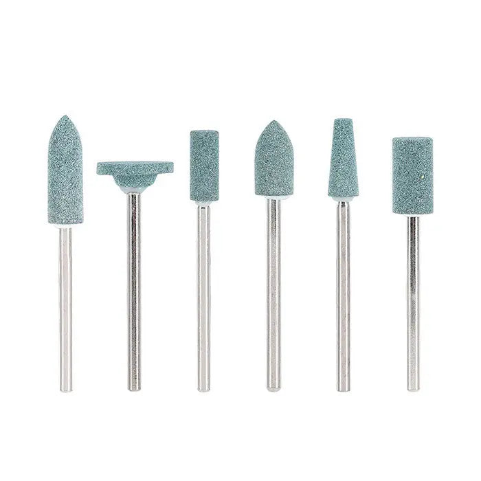 Dental Lab Polishing Kit for Composite Ceramic HP Shank 51pcs/Box featuring six light blue abrasive polishing heads with various shapes including bullet, cylinder, and disc, attached to metal shanks, arranged in a row against a white background