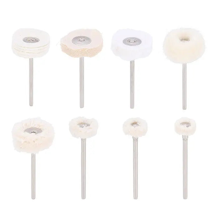 Dental Lab Polishing Kit for Composite Ceramic HP Shank 51pcs/Box: Various sizes of white polishing wheels with metal shanks for dental laboratory use, arranged in two rows showing different diameters and thicknesses