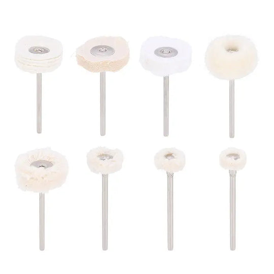 Dental Lab Polishing Kit for Composite Ceramic HP Shank 51pcs/Box: Various sizes of white polishing wheels with metal shanks for dental laboratory use, arranged in two rows showing different diameters and thicknesses