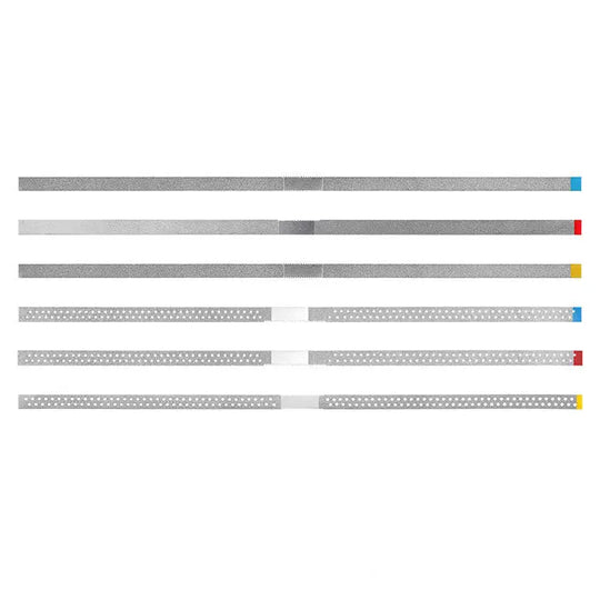 Dental Diamond Polishing Strip set featuring stainless steel strips with diamond sand in fine, medium, and extra fine grits. Strips shown in blue, red, and yellow colors, some with holes. Used for IPR system and composite polishing in dental procedures.