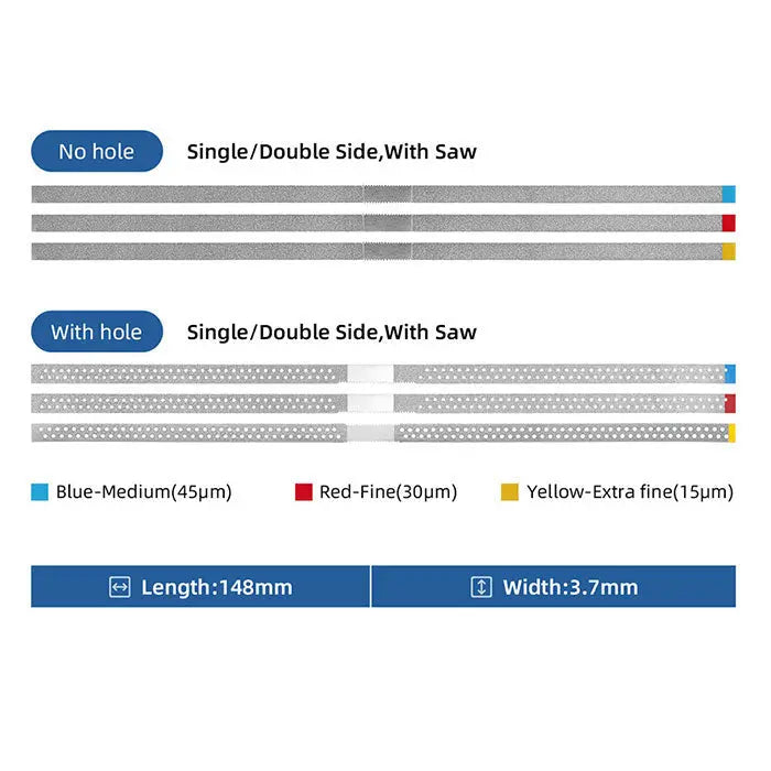 Dental Diamond Polishing Strip Stainless Steel diagram showing no hole and with hole options, single/double side with saw, color-coded grit levels (blue, red, yellow), and dimensions (148mm length, 3.7mm width) for IPR system and composite polishing.