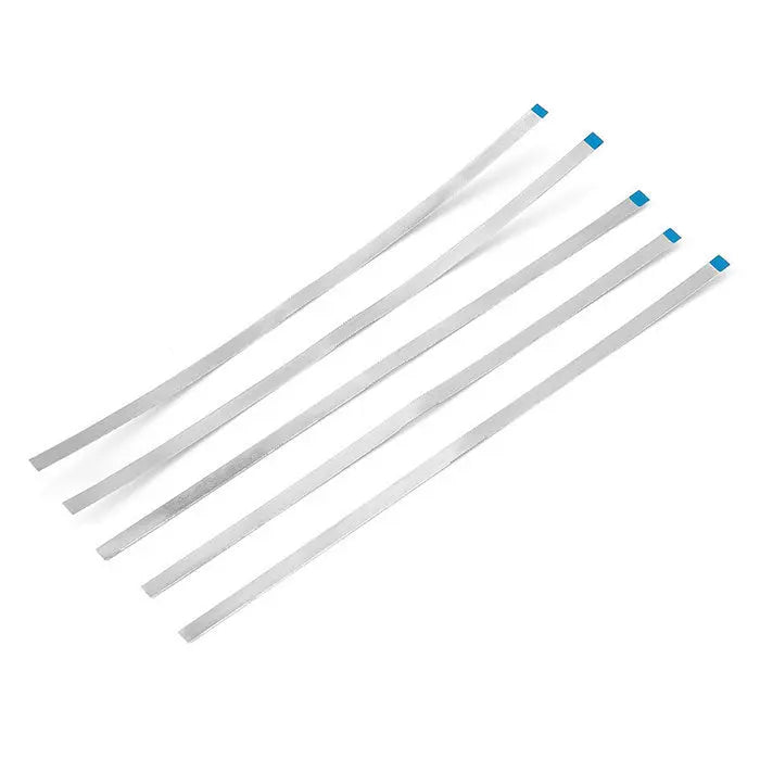 Dental Diamond Polishing Strip Stainless Steel with Diamond Sand, five thin silver strips with blue tips arranged parallel on white background, used for dental IPR system and composite polishing, autoclavable, available in fine, medium, and extra fine grits