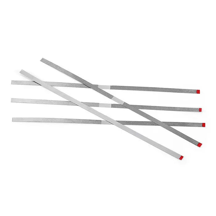 Dental Diamond Polishing Strips: Set of 5 stainless steel strips with diamond sand for IPR system and composite polishing, featuring fine, medium, and extra-fine grits, with red tips and optional holes for dental procedures