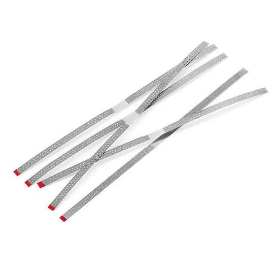 Dental Diamond Polishing Strip Stainless Steel set, five thin metallic strips with diamond-coated surfaces and red tips, used for dental IPR and composite polishing. Features different grits and optional holes for various dental procedures.