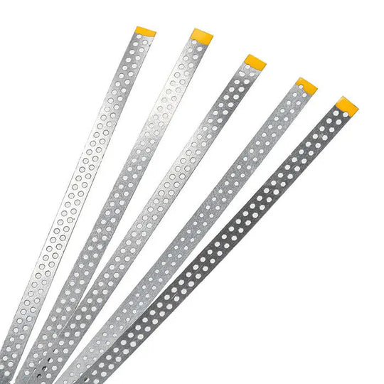 Dental Diamond Polishing Strips with yellow tips, stainless steel, perforated design, varying widths, for IPR system and composite polishing. Set of 5 strips with fine, medium, and extra-fine grits. Autoclavable dental tool for professional use.