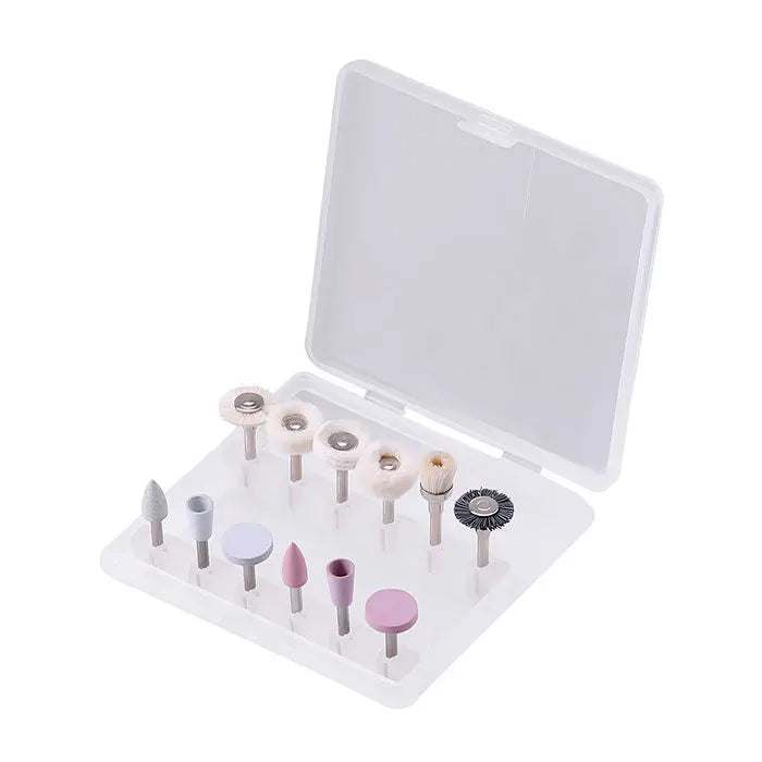 Dental Composite Polishing Kit For Composite Finishing and Polishing 12pcs/Box, featuring various polishing tools in white plastic case. Includes brushes, silicone polishers, and other dental instruments for professional tooth restoration and cosmetic dentistry procedures.