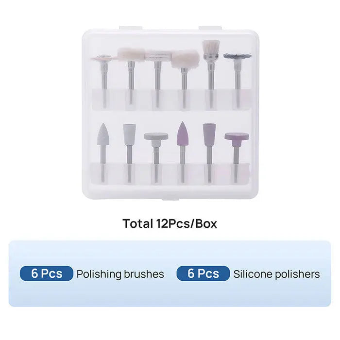 Dental Composite Polishing Kit containing 12 pieces: 6 polishing brushes and 6 silicone polishers arranged in a clear plastic box. Tools vary in shape and color for different dental finishing and polishing tasks.