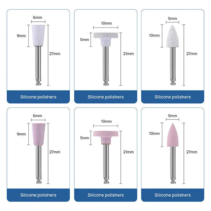 Dental Composite Polishing Kit featuring 6 silicone polishers in various shapes and sizes, including cylindrical, flat-top, and pointed tips. White and pink polishers shown with detailed dimensions for precise dental composite finishing and polishing.