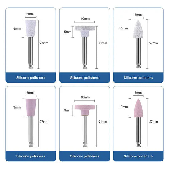 Dental Composite Polishing Kit featuring 6 silicone polishers in various shapes and sizes, including cylindrical, flat-top, and pointed tips. White and pink polishers shown with detailed dimensions for precise dental composite finishing and polishing.