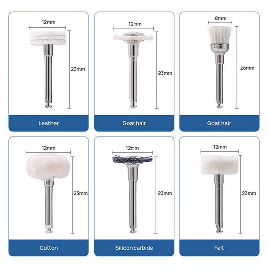 Dental Composite Polishing Kit featuring 6 different polishing tools including leather, goat hair, cotton, silicon carbide, and felt attachments. Each tool has a 2.35mm shank diameter and measures 12mm wide, with varying heights for composite finishing and polishing.