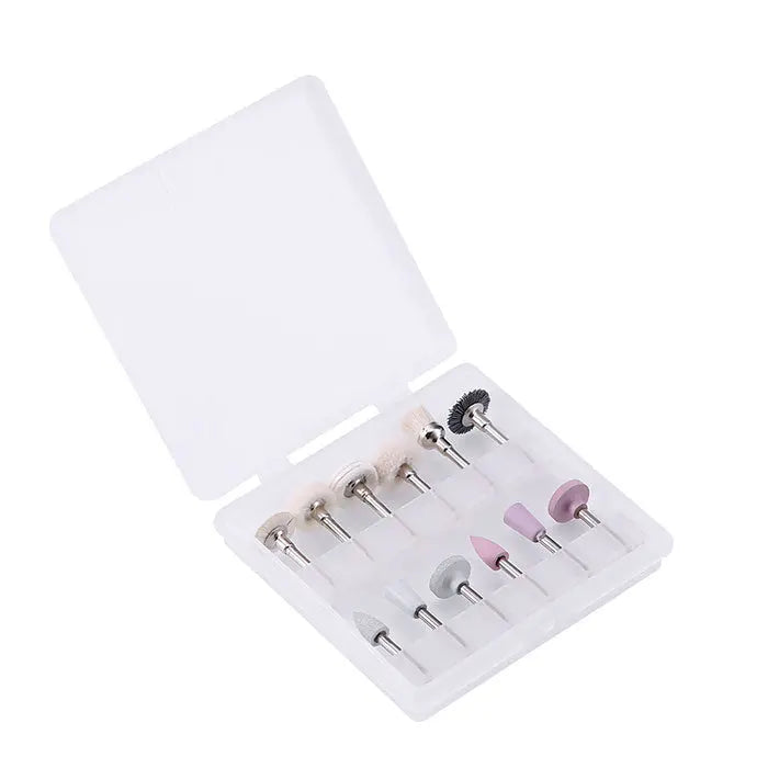 Dental Composite Polishing Kit containing 12 pieces in a clear plastic box. Set includes various polishing brushes and silicone polishers for composite finishing and polishing. Tools have metal shanks and different shaped heads in white, pink, and gray colors.