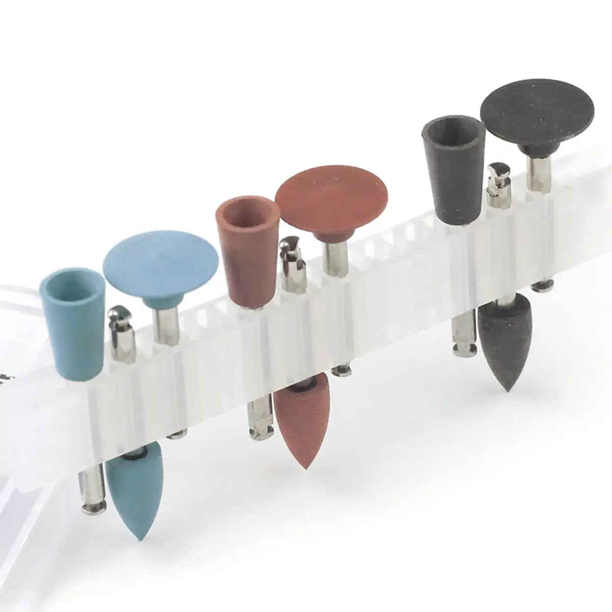 Dental Diamond Burs Polishing Kits SG1201(RA 0109) for Low Speed Handpiece, showing 9 colorful rubber polishers in various shapes including cup-shaped, knife wheel, and pointed, arranged in a row on a white holder for different polishing stages